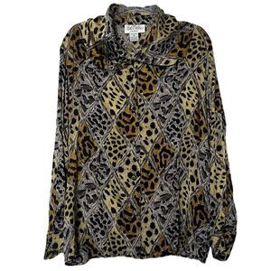 Bob Mackie Silk Shirt Lagenlook Animal Print Collared Art To Wear Blouse 16 XL